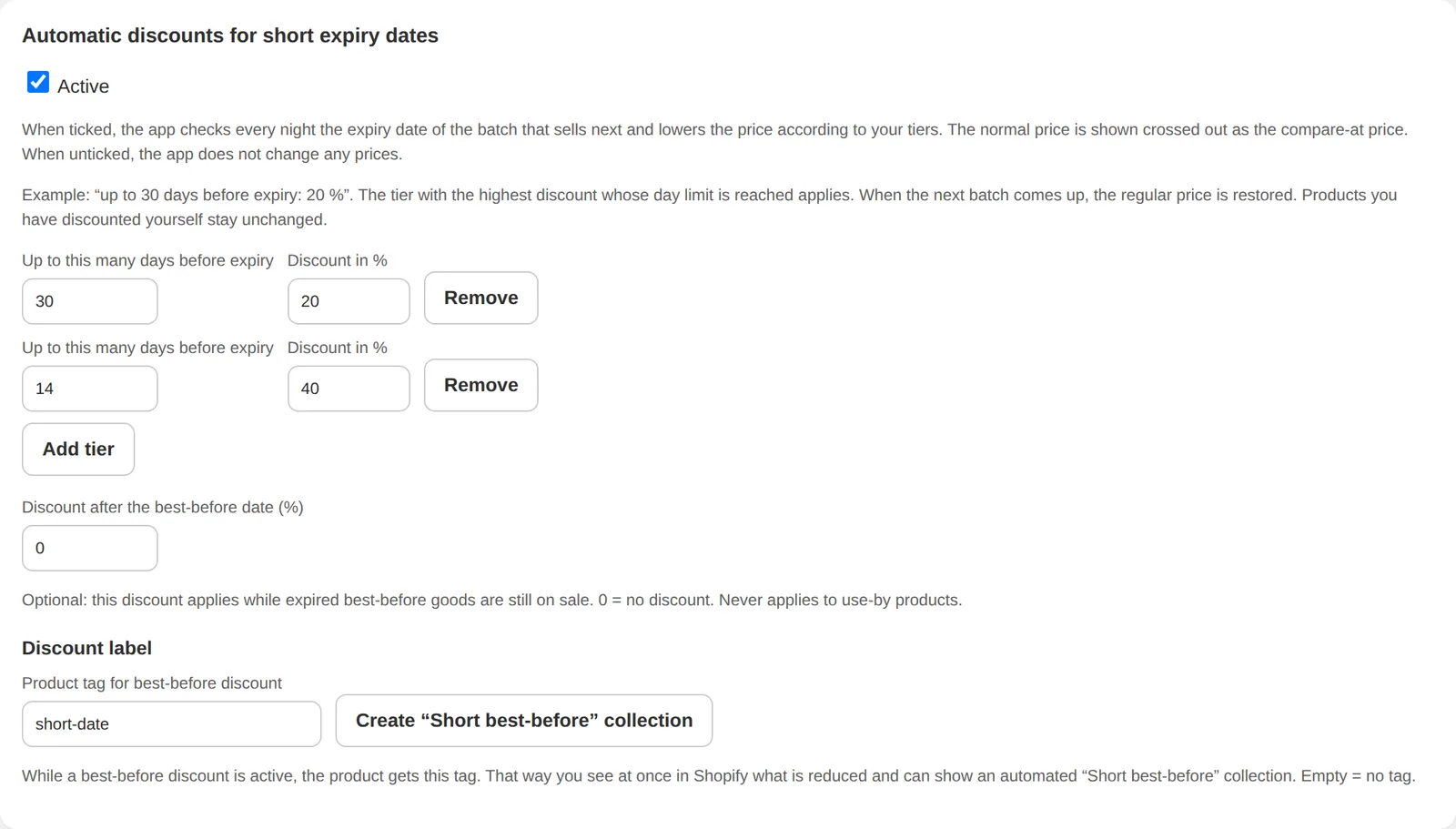 Discount tier settings by days before best-before date