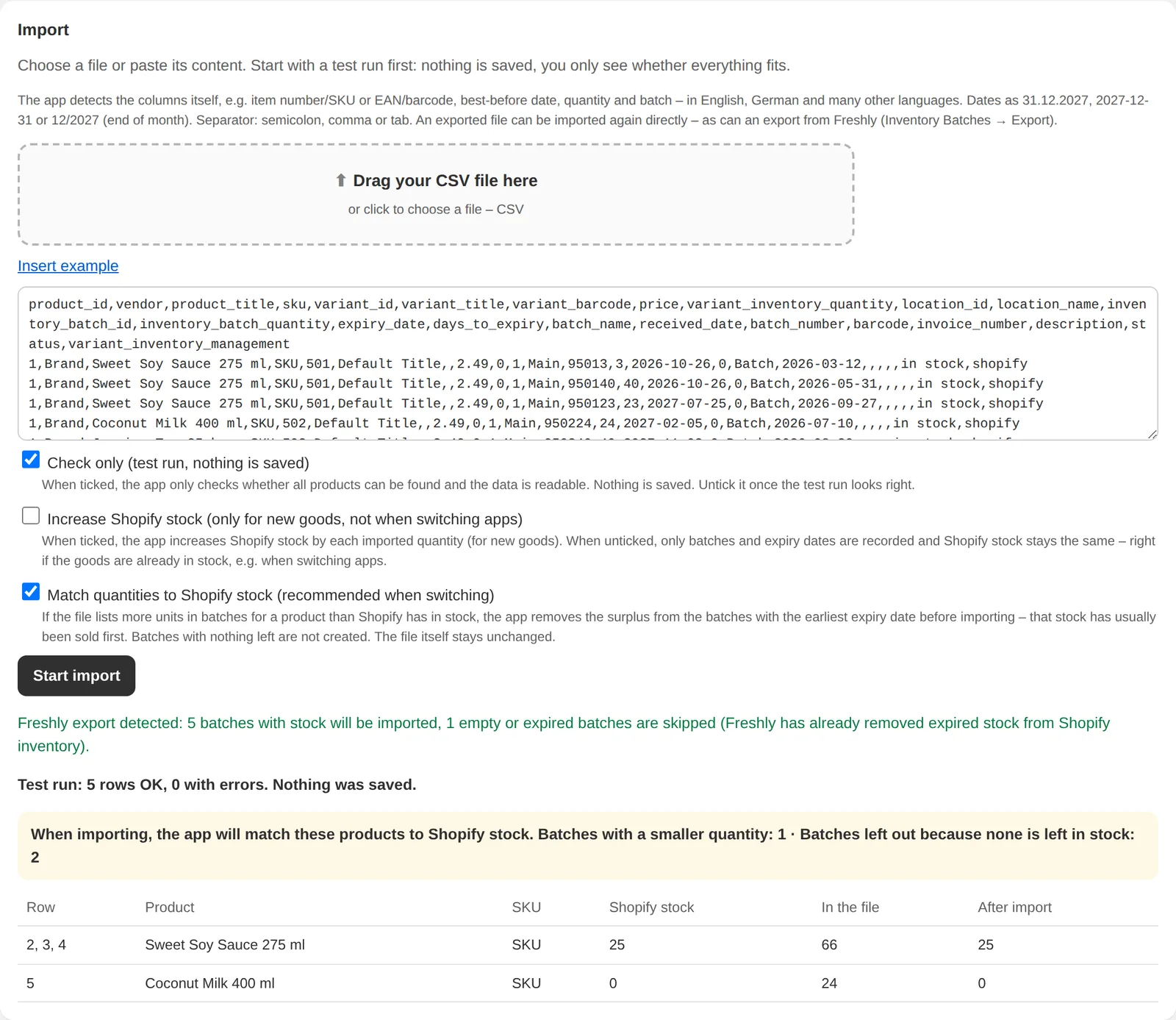 CSV import with automatically detected columns