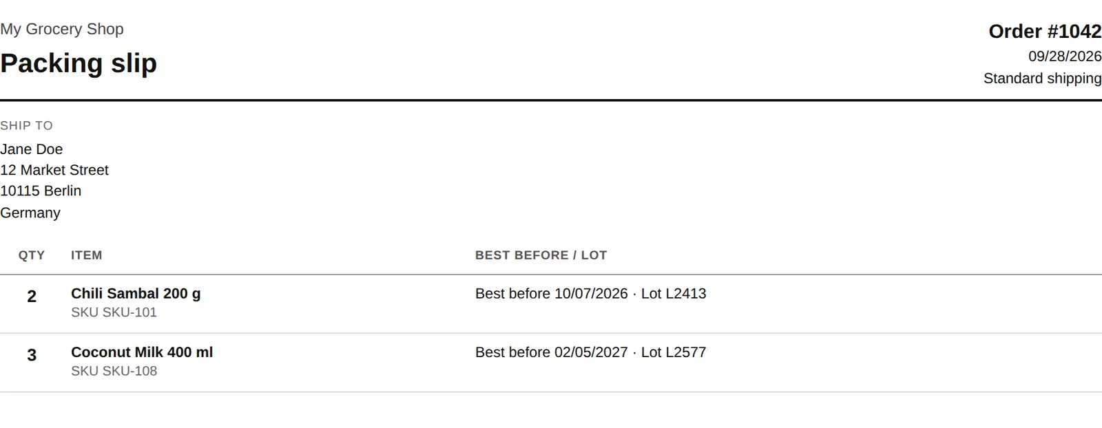 Packing slip with best-before date and lot number