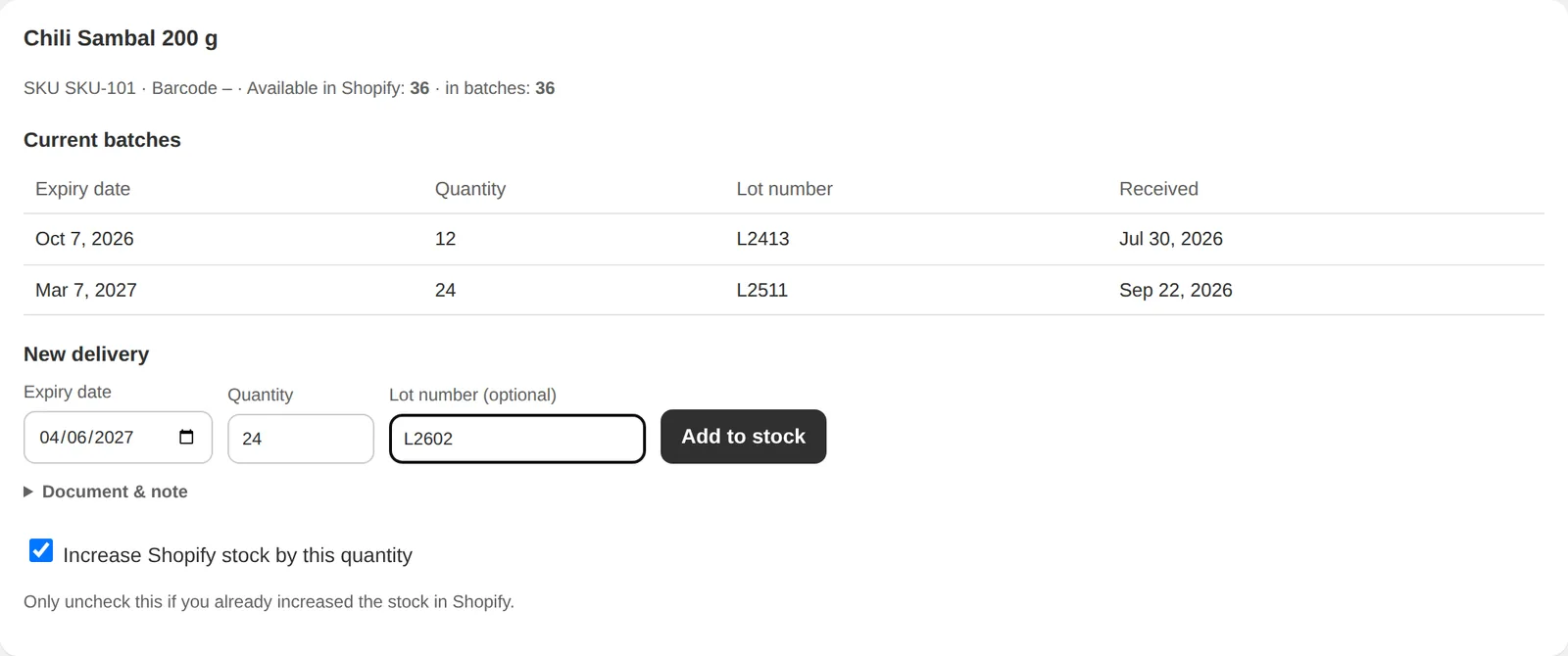 Receive stock form with best-before date, quantity and lot number