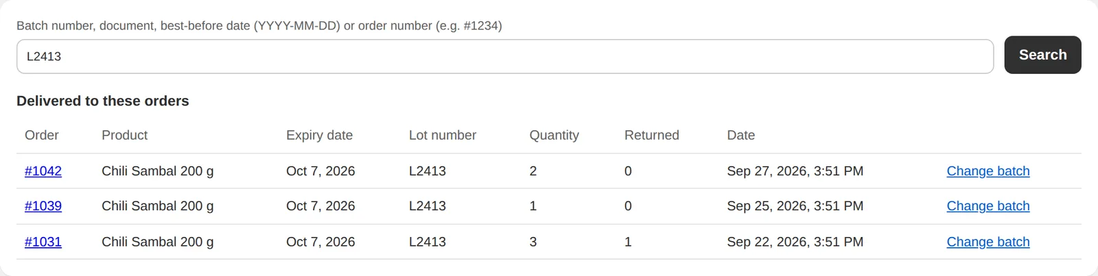 Traceability search by lot, receipt, date or order
